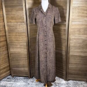 Leslie Fay Tan Black Geometric Dot Button Front Maxi Shirt Dress Womens 8